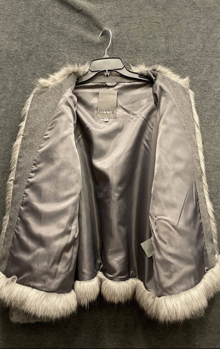 Vera Wang Women's Gray Faux Fur Open Front Wool Blend Coat Sz XL