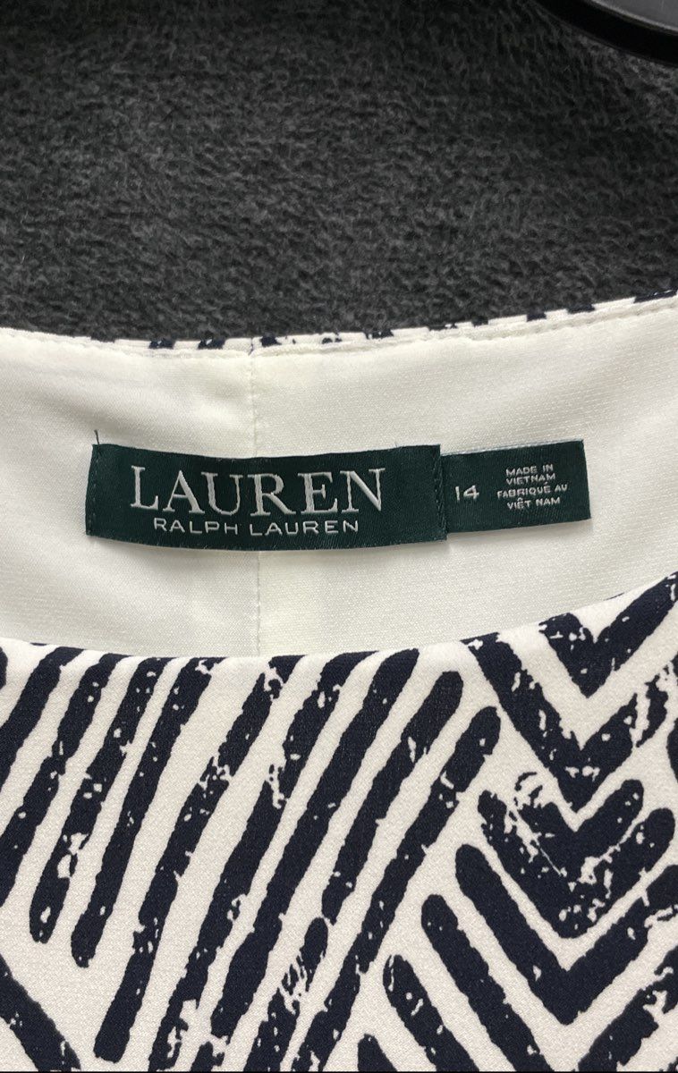 Lauren Ralph Lauren Women's Navy White Chevron Ruched 3/4 Sleeve Dress Sz 14