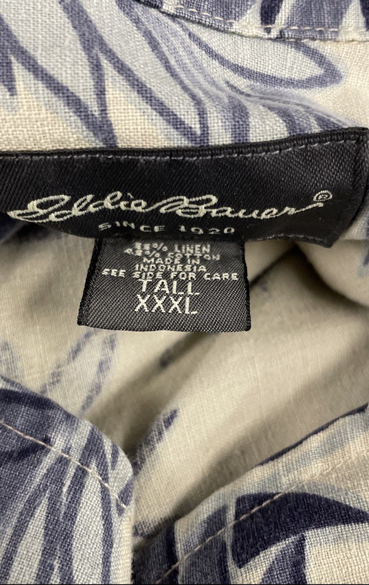Eddie Bauer Men's White Blue Leaf Print Linen Cotton Short Sleeve Shirt 3XLT