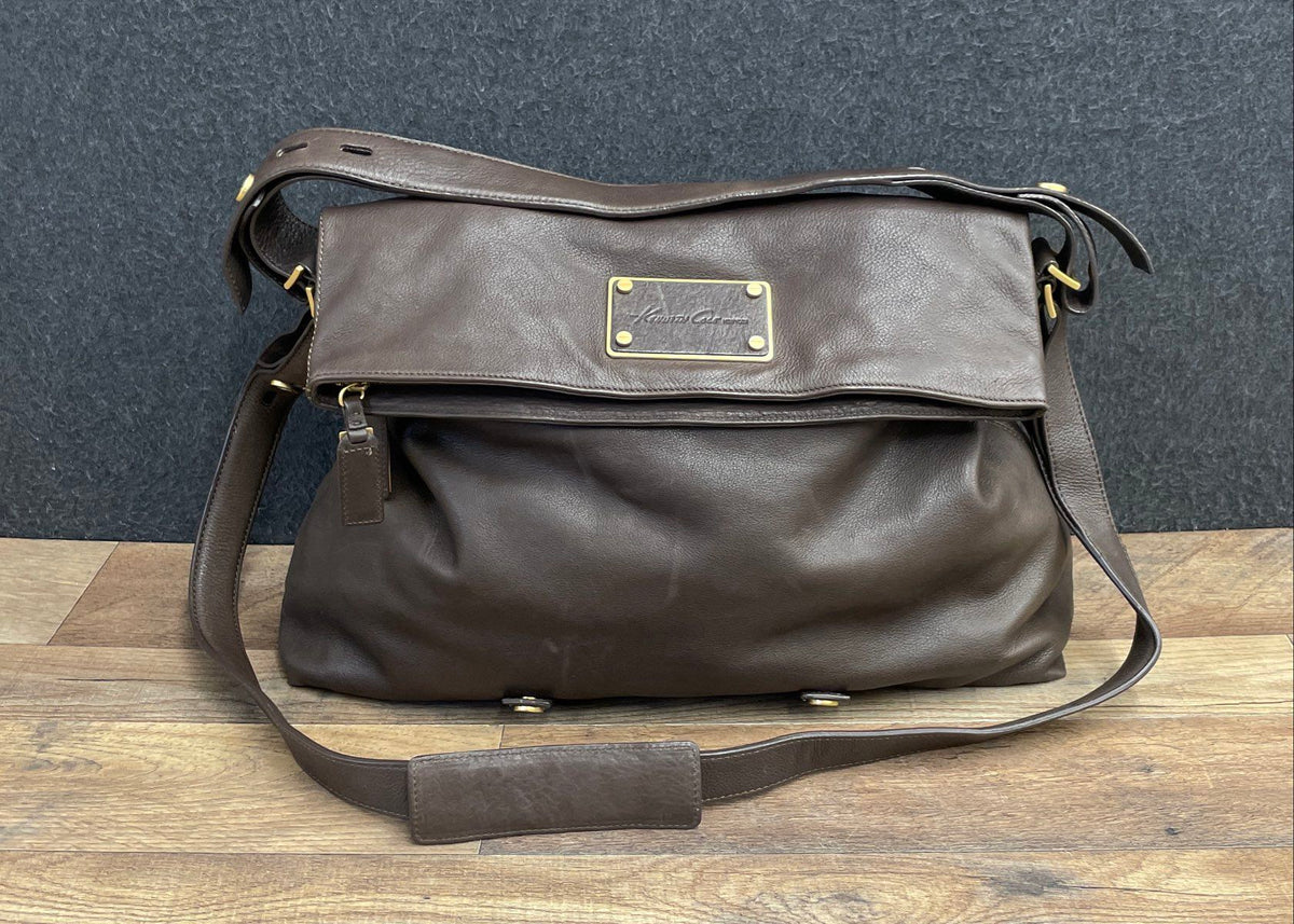 Kenneth Cole New York Brown Leather Foldover Crossbody Shoulder Bag Large Gold