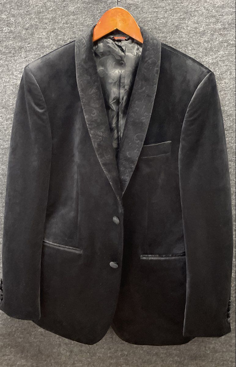 Linea Uomo Men's Black Suede Suit Jacket Shawl Lapel Paisley Sz 38R