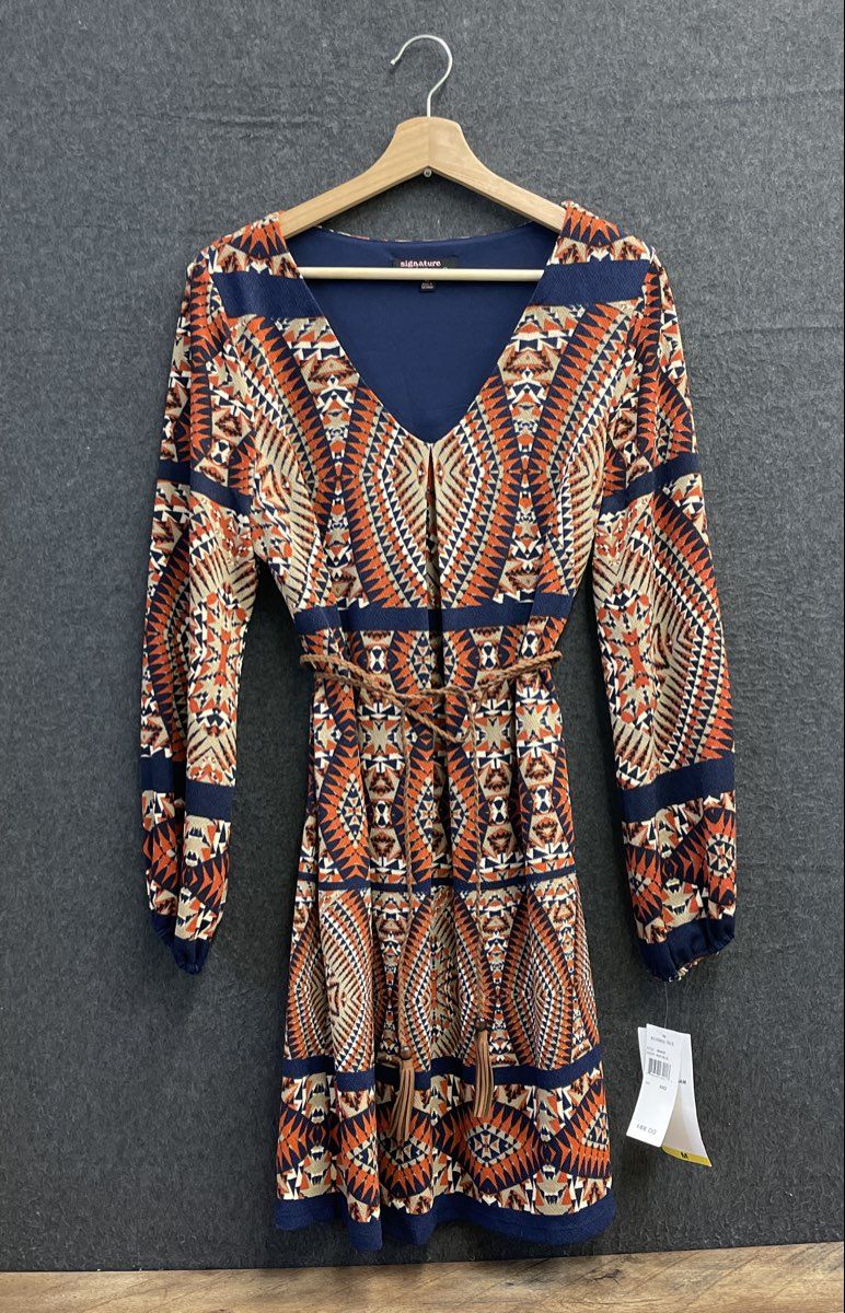 Robbie Bee Women's Geometric Tribal Print V-Neck Long Sleeve Dress NWT Sz M
