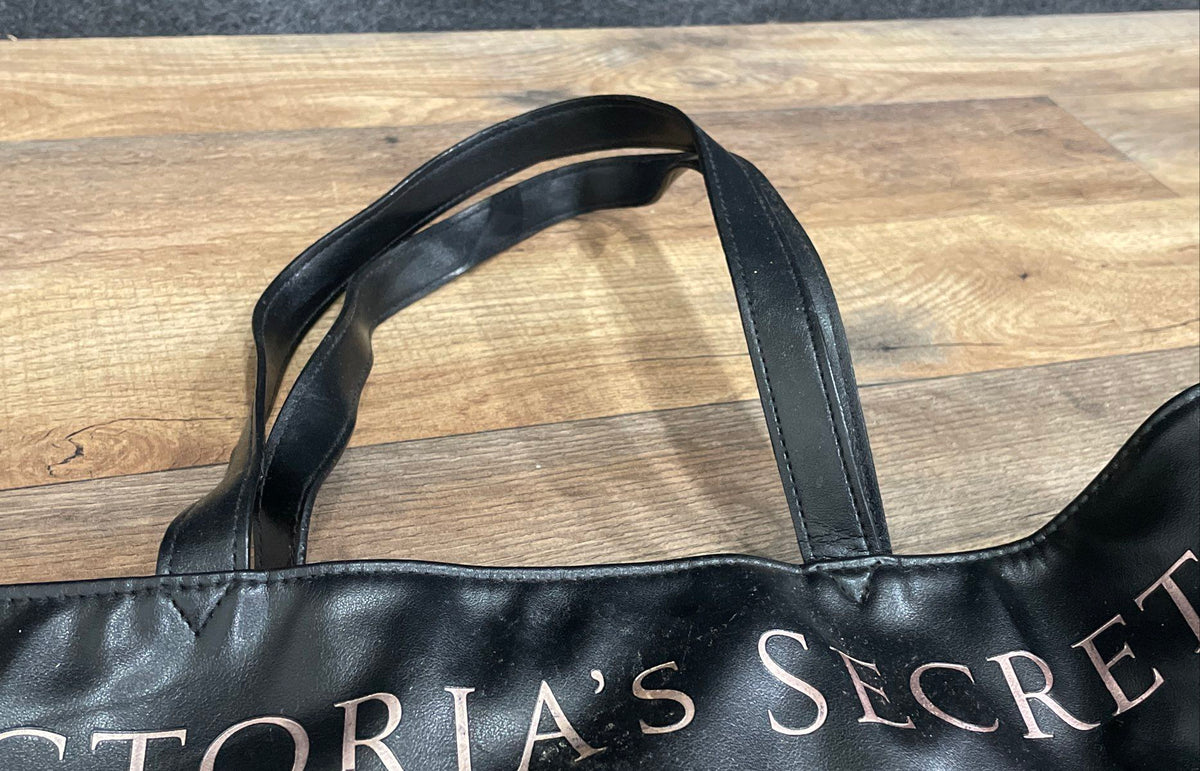 Victoria's Secret Black Leather Fringe Metallic Logo Tote Bag Large