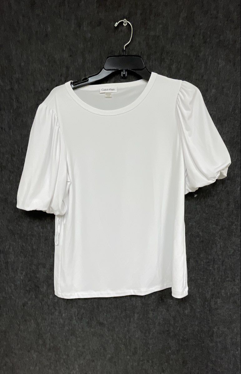 Calvin Klein Women's White Short Puff Sleeve Crew Neck Knit Top Size M