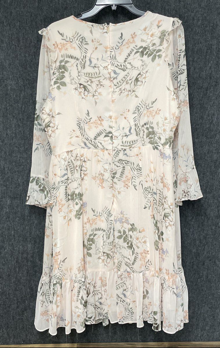 Calvin Klein Women's Cream Floral Chiffon Ruffle Tiered Bell Sleeve Dress Sz 14