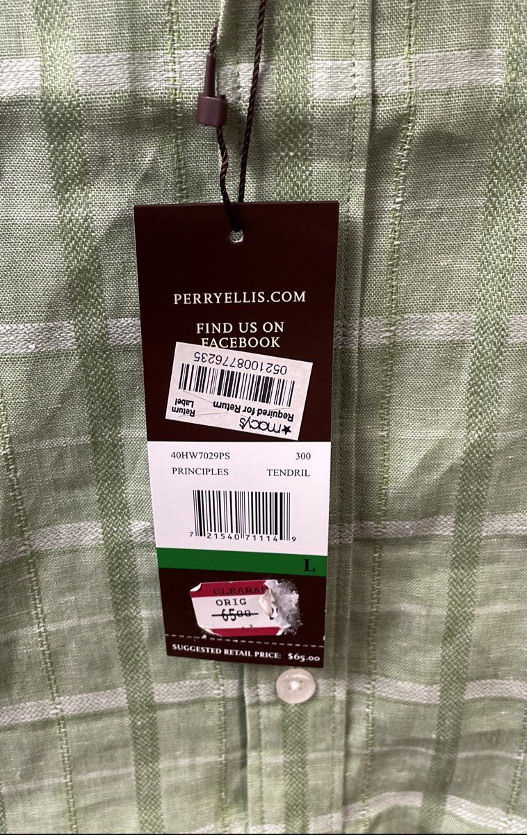 Perry Ellis Men's Green Principles Tendril Plaid Linen Blend Shirt NWT L