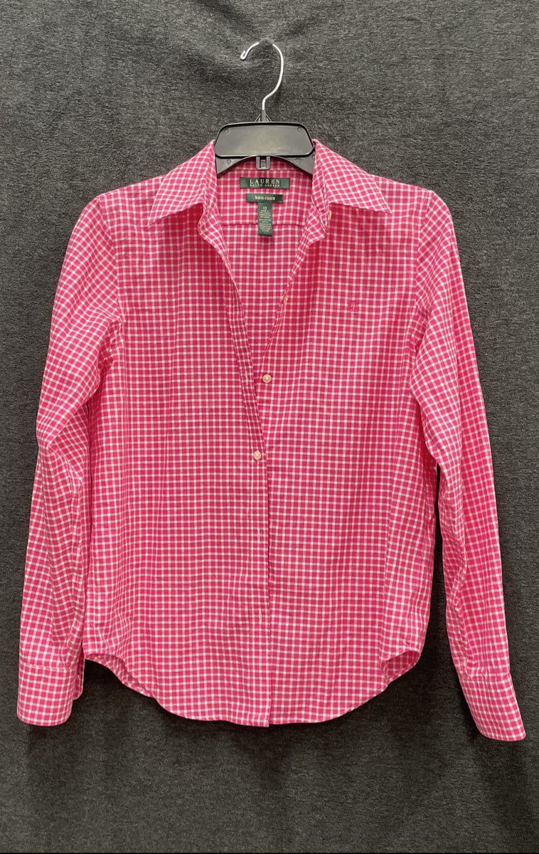 Lauren Ralph Lauren Women's Pink White Gingham Non-Iron Button Down Shirt Sz XS
