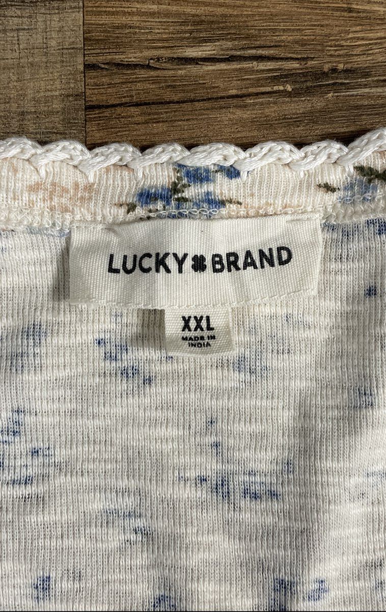 Lucky Brand Women's Cream Blue Floral Henley Short Sleeve Cotton Shirt Sz XXL