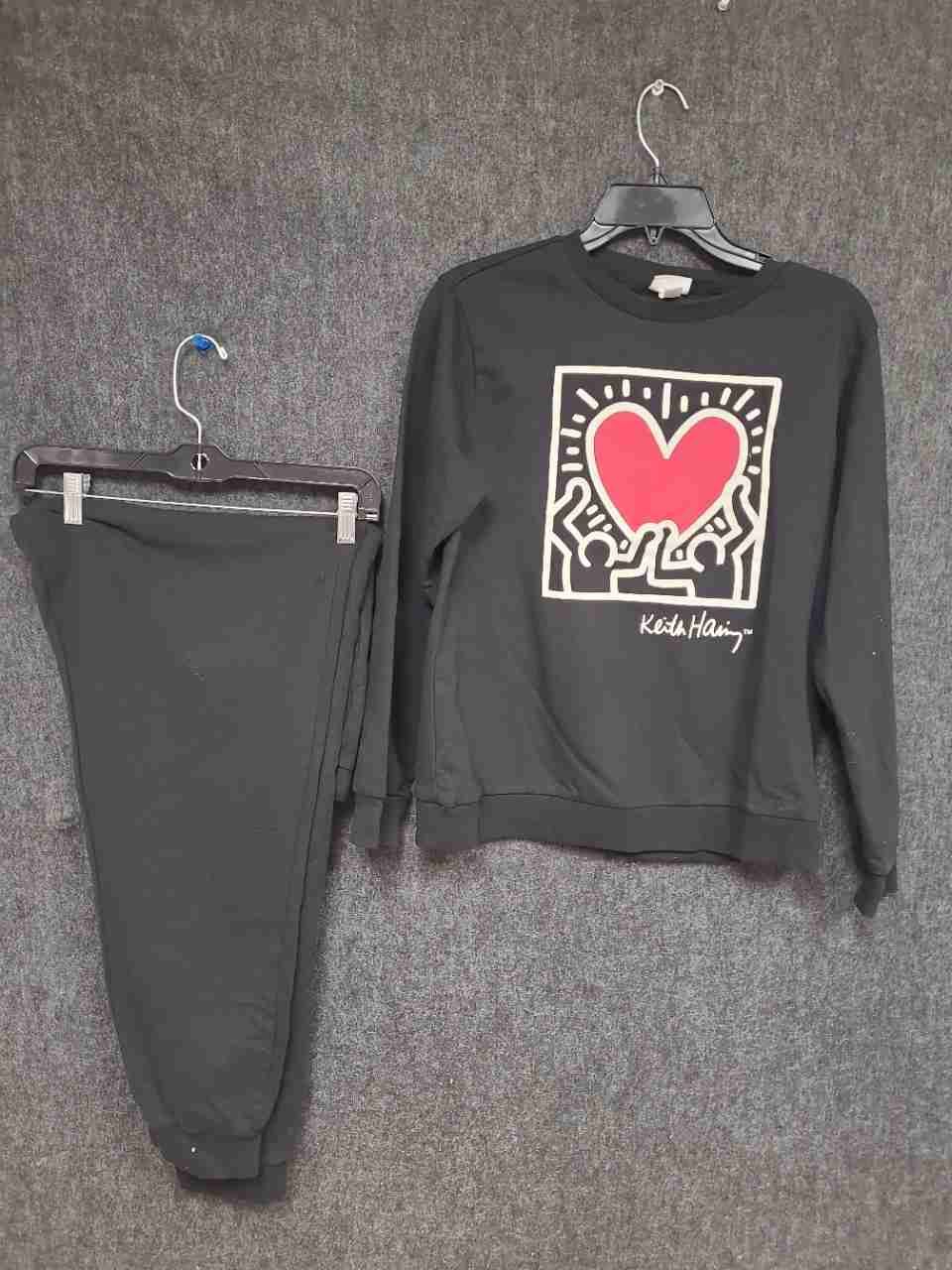 Keith Haring Women's Black PJ Set Heart Pop Art Mismatched Sz S Top XL Bottom