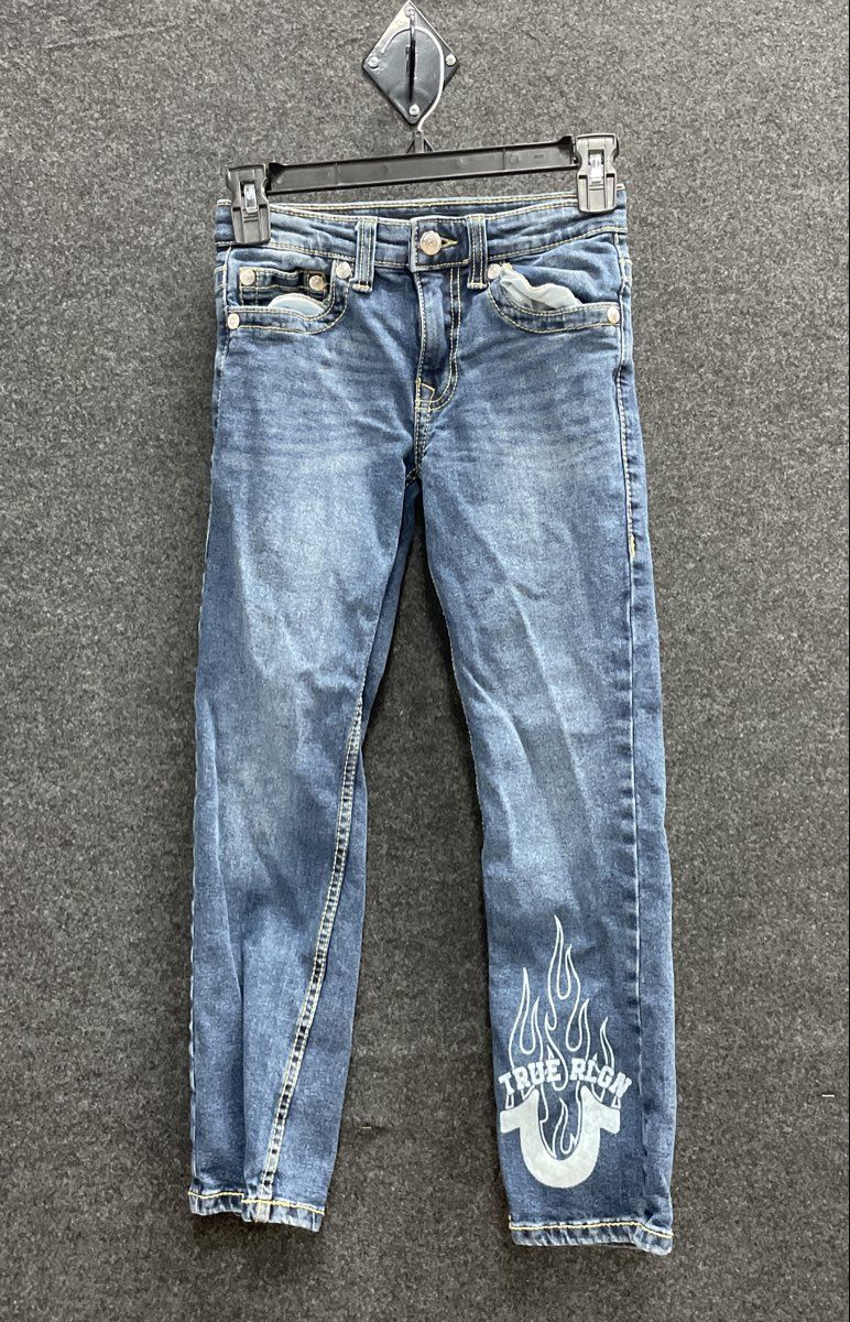 True Religion Boys Ricky Relaxed Straight Blue Jeans Flame Graphic Sz 8