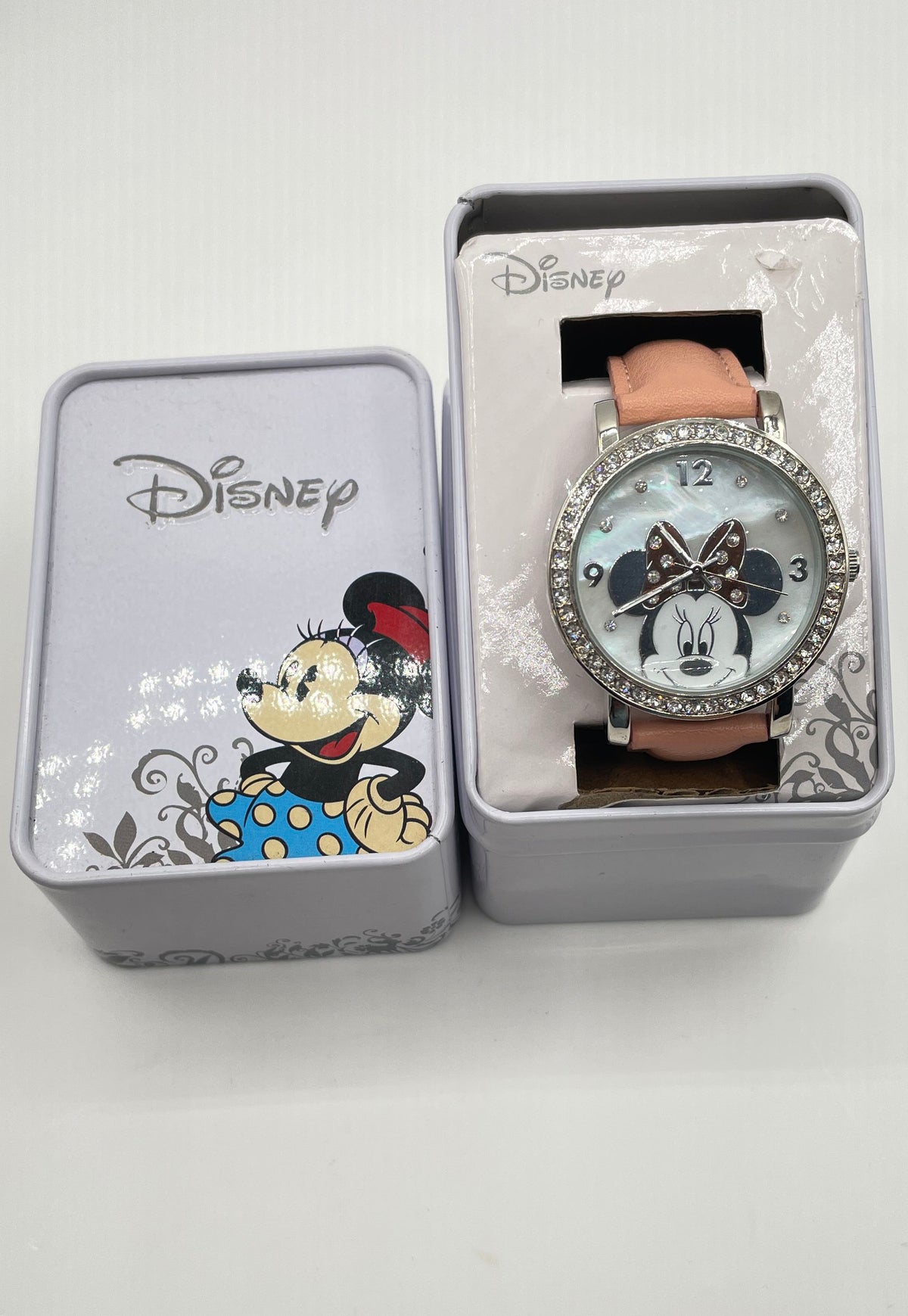 Disney Minnie Mouse Rhinestone Pink Leather Women's Watch In Box *Not Working*