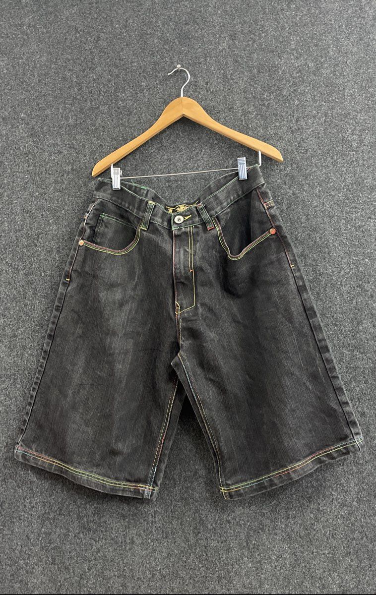Victorious Men's Black Denim Shorts Rasta Multi-Color Contrast Stitch Sz 36