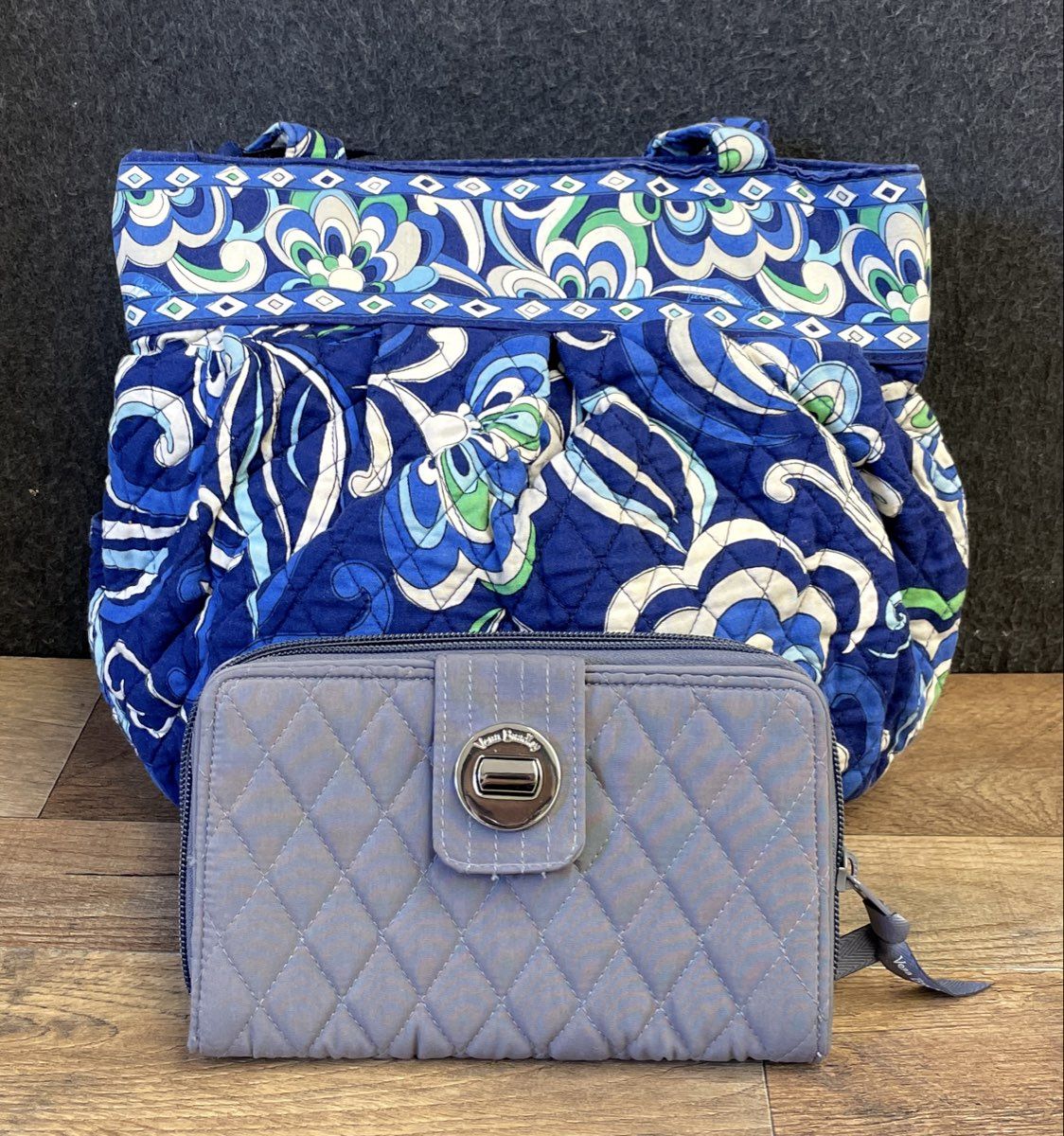 Vera Bradley Blue Floral Handbag & Purple Microfiber Turnlock Wallet Lot of 2
