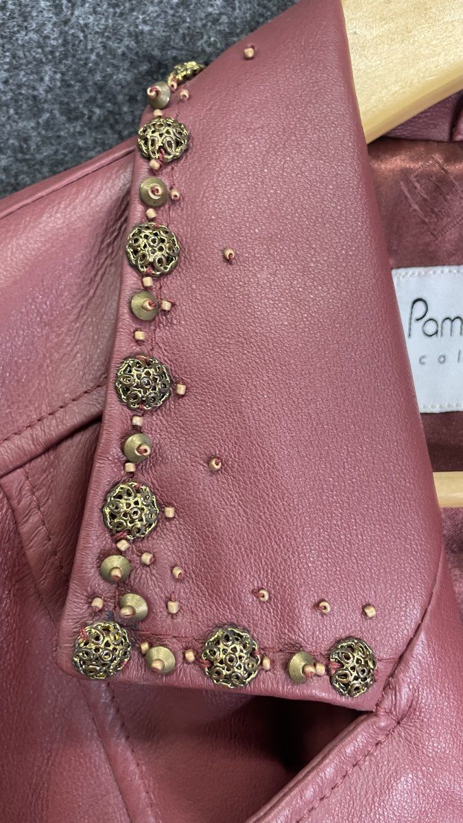 Pamela McCoy Women's Red Studded Beaded Leather Coat Jacket Sz XS
