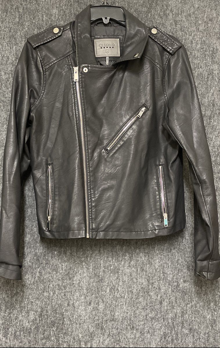 CI Sono Women's Black Faux Leather Biker Moto Jacket Asymmetrical Zip Sz L