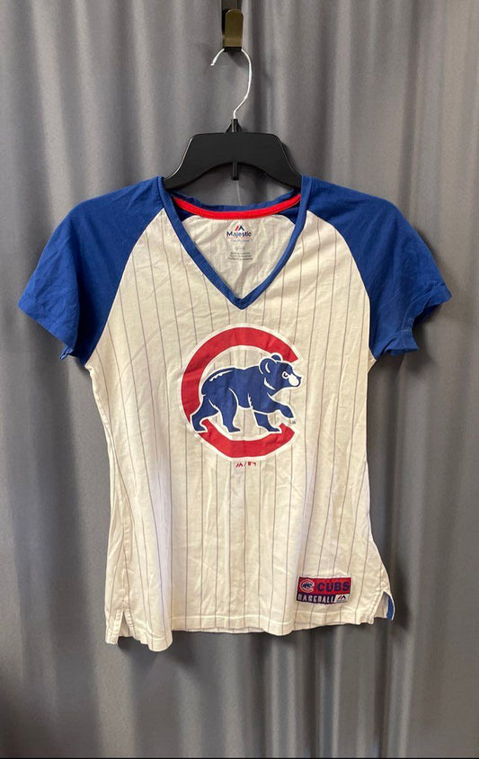 Majestic Women's Chicago Cubs T-Shirt White Blue Pinstripe V-Neck Raglan Sz S