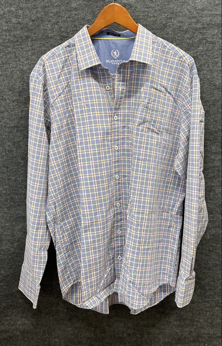 Bugatchi Uomo Men's Long Sleeve Button Up Shirt Blue White Yellow Plaid Classic