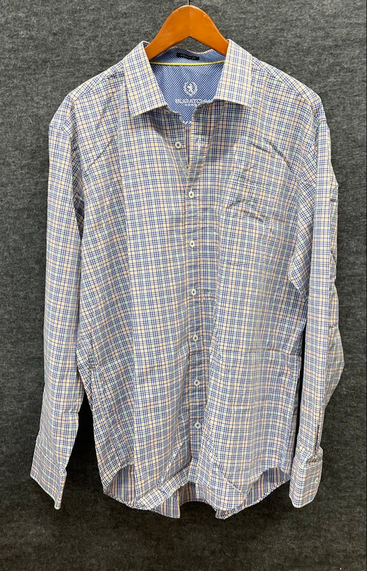 Bugatchi Uomo Men's Long Sleeve Button Up Shirt Blue White Yellow Plaid Classic