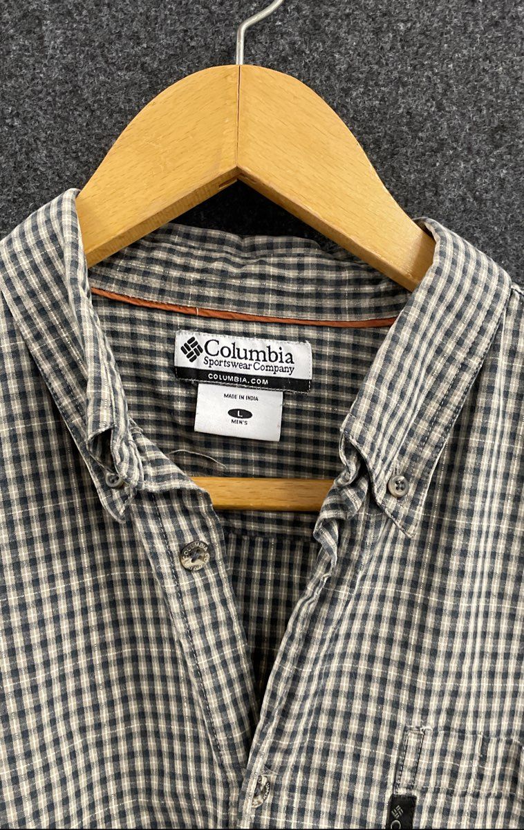 Columbia Men's Long Sleeve Button Up Shirt Gray Navy Gingham Check Cotton Sz L