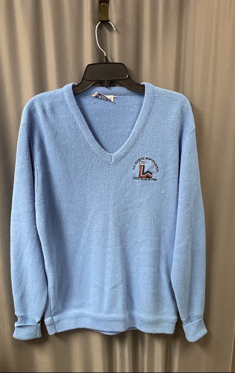 Vintage 1980 Lake Placid Winter Olympics V-Neck Sweater Etonic Blue Sz L
