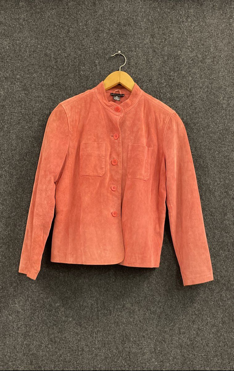Statements Women's Coral Suede Leather Jacket Mandarin Collar Button Up Sz M