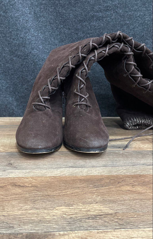 Shoedazzle Porsha Brown Thigh High Lace Up Block Heel Boots Women's Size 10