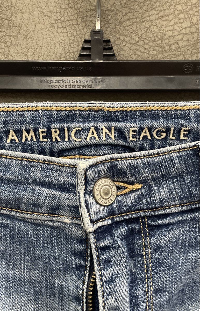 American Eagle Women's High-Rise Flare Jeans Blue Distressed Raw Hem Size 10