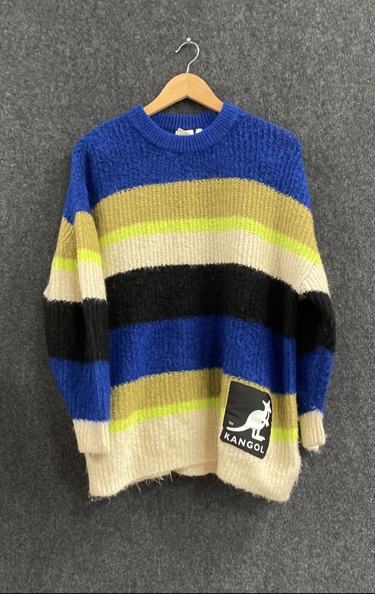 Kangol Striped Fuzzy Knit Crewneck Sweater Multi-Color Logo Patch Size M