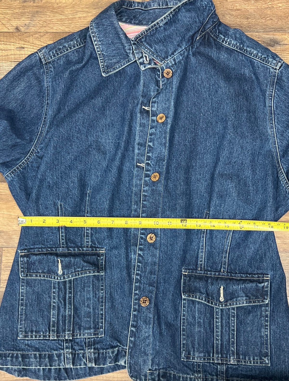 Caribbean Joe Women's Blue Denim Jacket Button Front Striped Trim Pockets