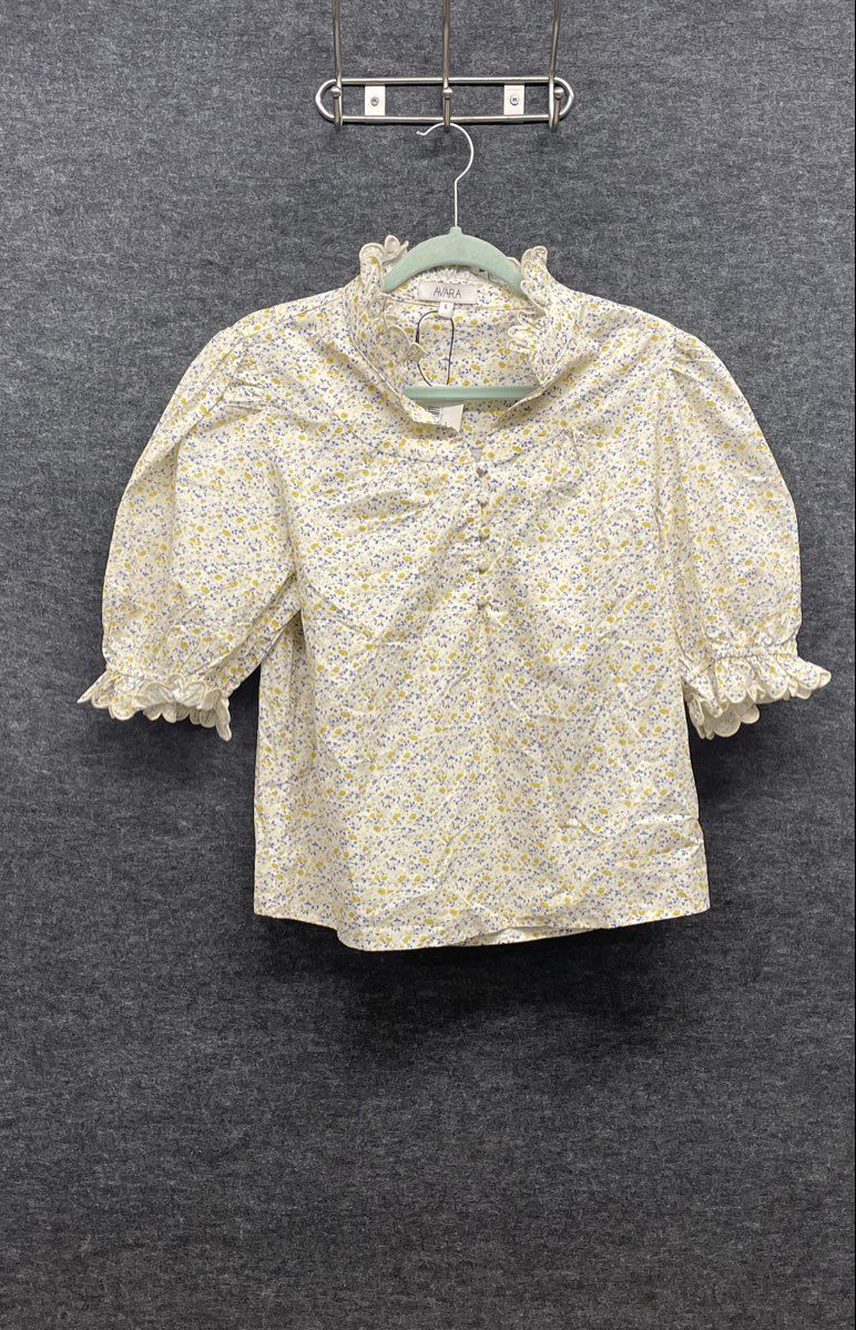 Avara Women's Hailey Top Yellow Floral Scalloped Ruffle Puff Sleeve Sz L NWT