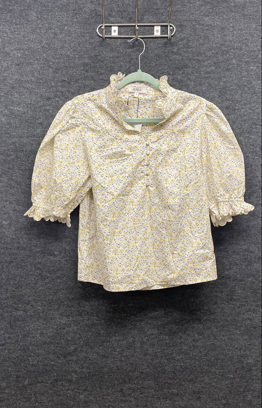 Avara Women's Hailey Top Yellow Floral Scalloped Ruffle Puff Sleeve Sz L NWT