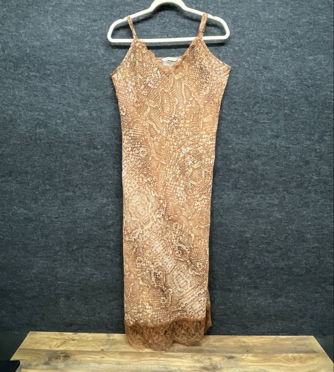 Soft Surroundings Women's Tan Snakeskin Print Lace Trim Maxi Slip Dress Size L