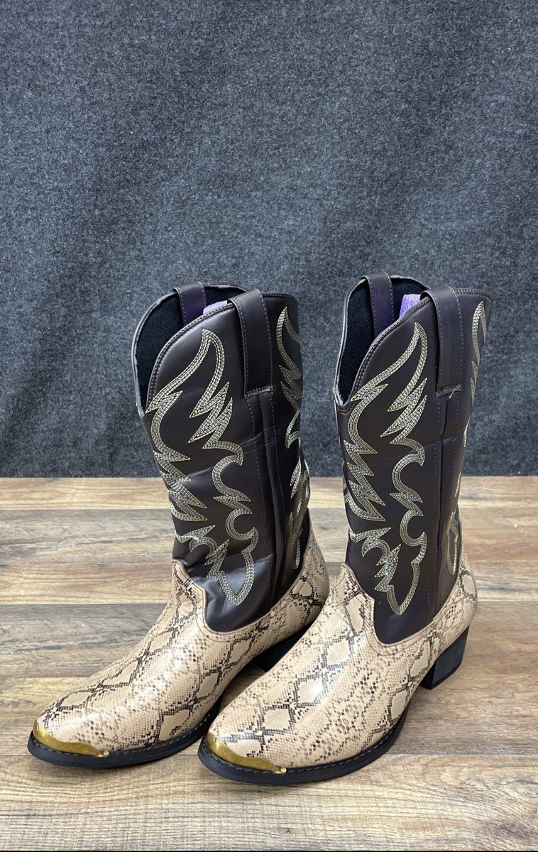 Faux Rattlesnake Print Western Cowboy Boots Gold Toe Tips Brown Size 40