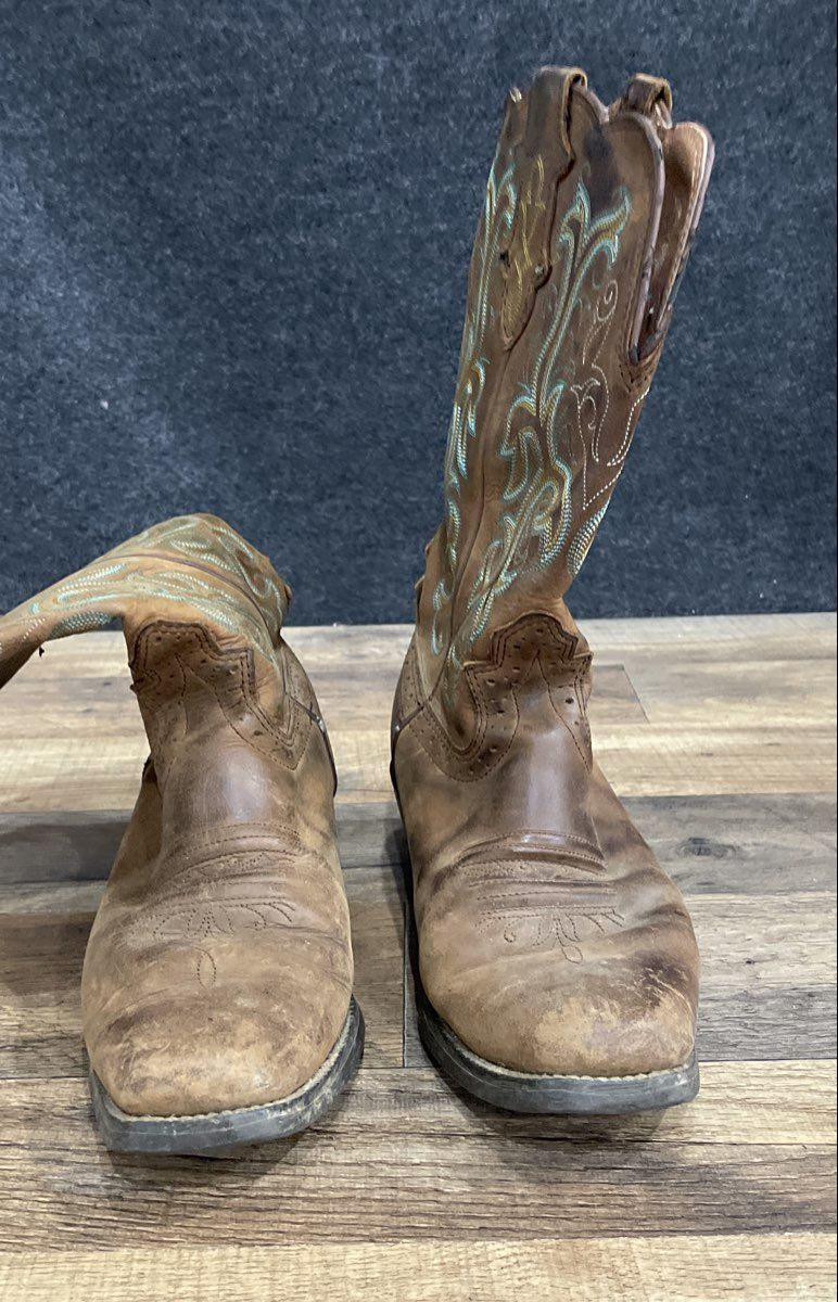 Justin Women's Brown Teal Yellow Stitch Square Toe Western Boots Size 9
