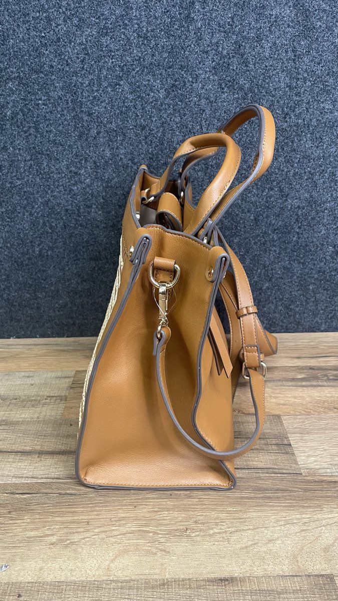 INC International Concepts Tan Caitlinn Woven Tote Handbag Gold Hardware NWT