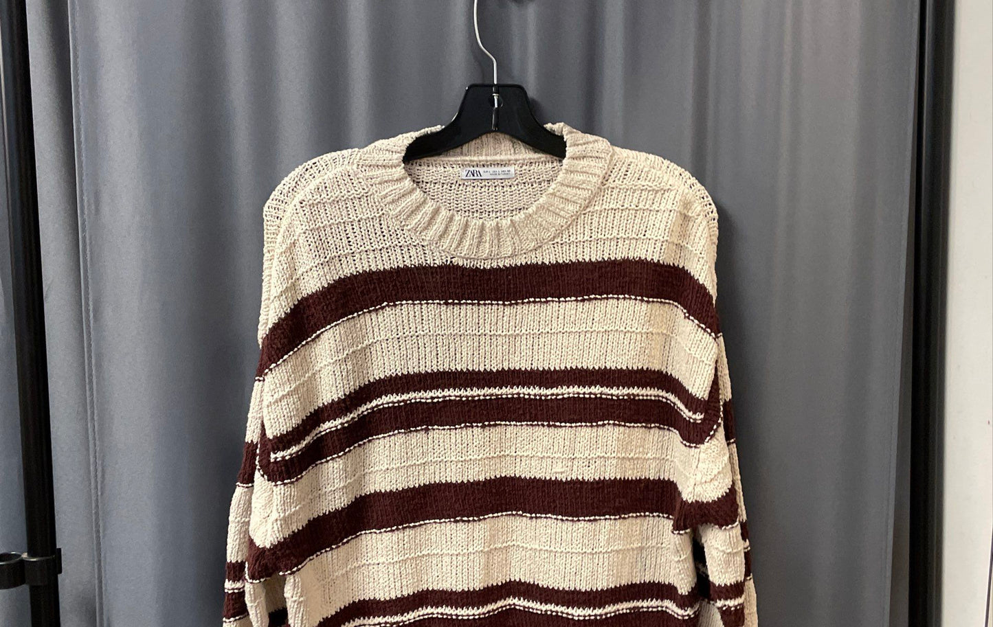 Zara Men's Brown White Striped Chunky Cotton Blend Crewneck Sweater Sz L