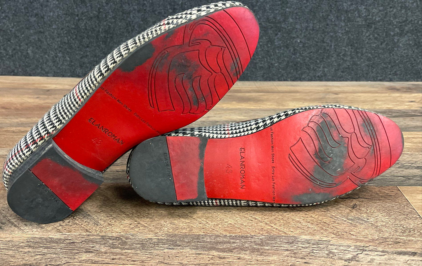 Elanroman Houndstooth Tassel Loafers Prince of Wales Check Red Sole Size 43