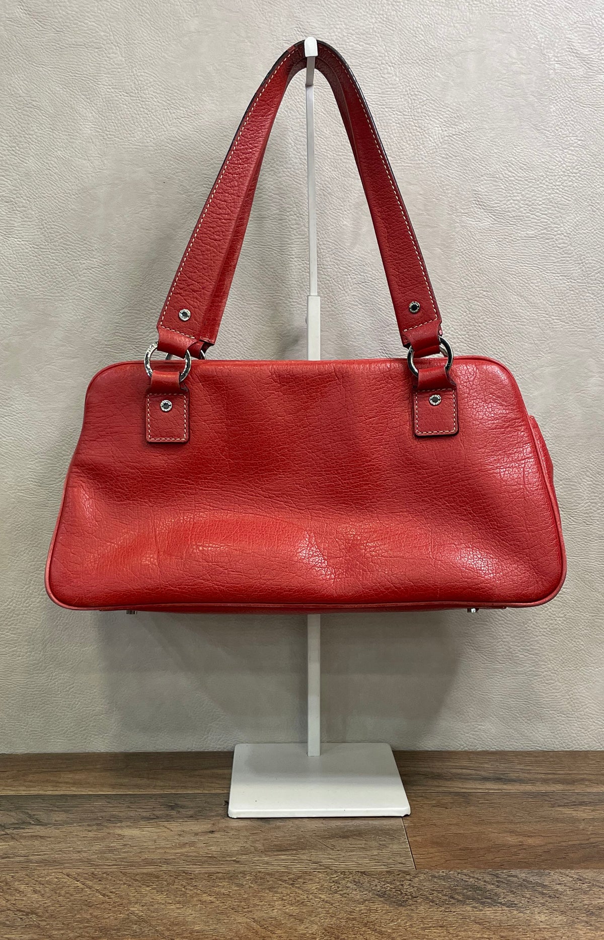 Kate Spade Red Pebbled Leather Shoulder Bag Handbag Silver Hardware