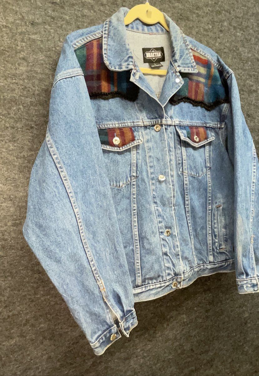 Vintage 90s Braetan Women's Denim Jacket Blue Plaid Wool Trim Western Sz L