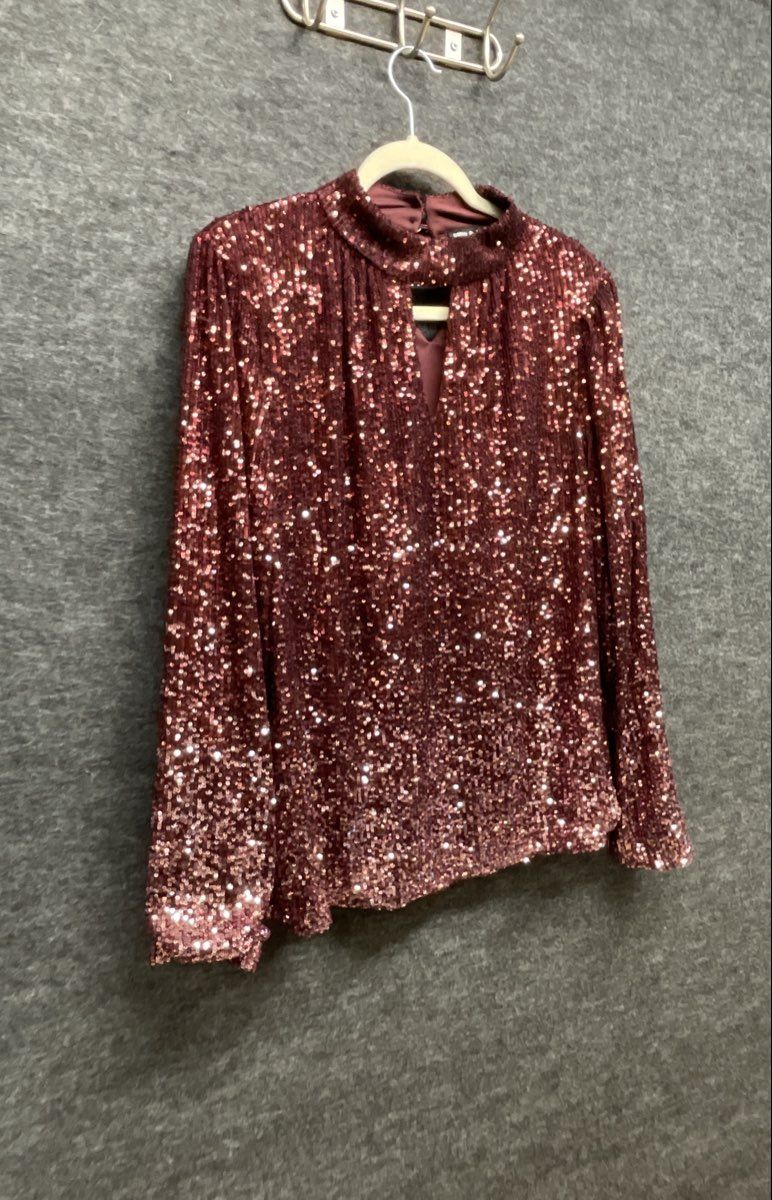 Cable & Gauge Women's Burgundy Mock Neck Sequin Keyhole Long Sleeve Top Sz XL