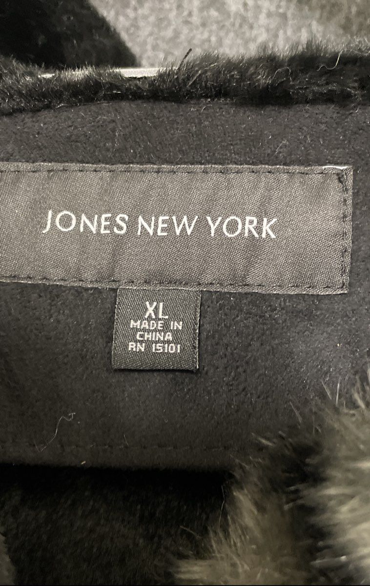 Jones New York Women's Black Faux Suede Faux Fur Trim Hooded Winter Coat Sz XL