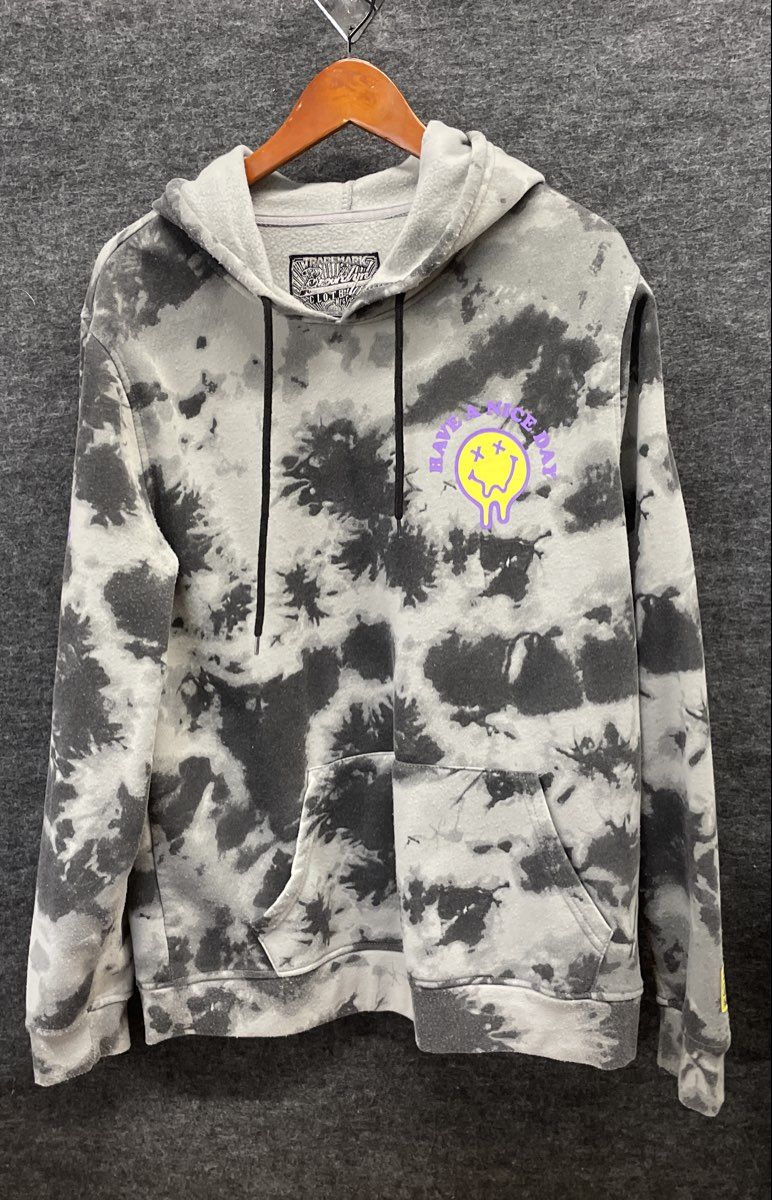 Brooklyn Cloth Men's Grey Tie Dye Have A Nice Day Melting Smiley Hoodie Sz L