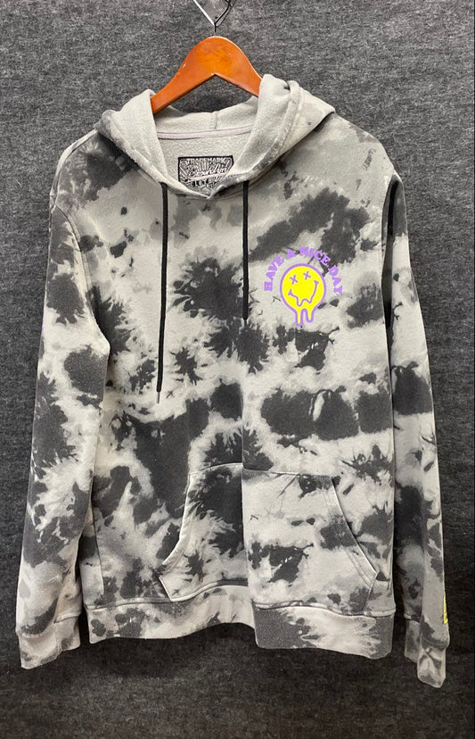 Brooklyn Cloth Men's Grey Tie Dye Have A Nice Day Melting Smiley Hoodie Sz L