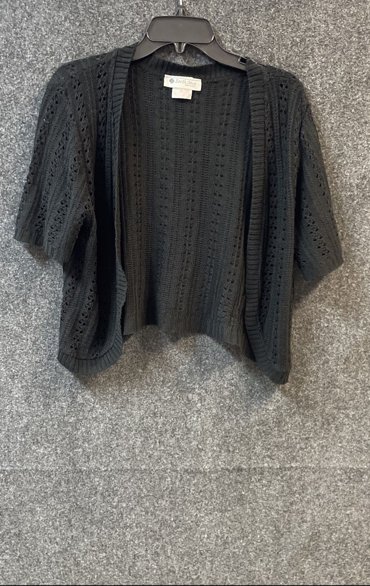 Earth Song Women's Black Pointelle Crochet Cardigan Vintage 90s Sz 2X