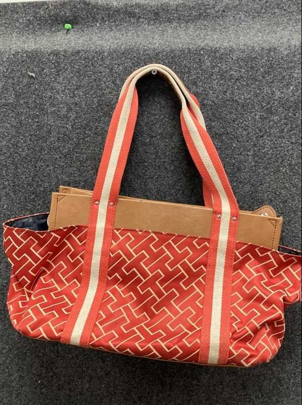 Tommy Hilfiger Red Monogram Jacquard Tote Bag Tan Trim Large Shoulder Bag