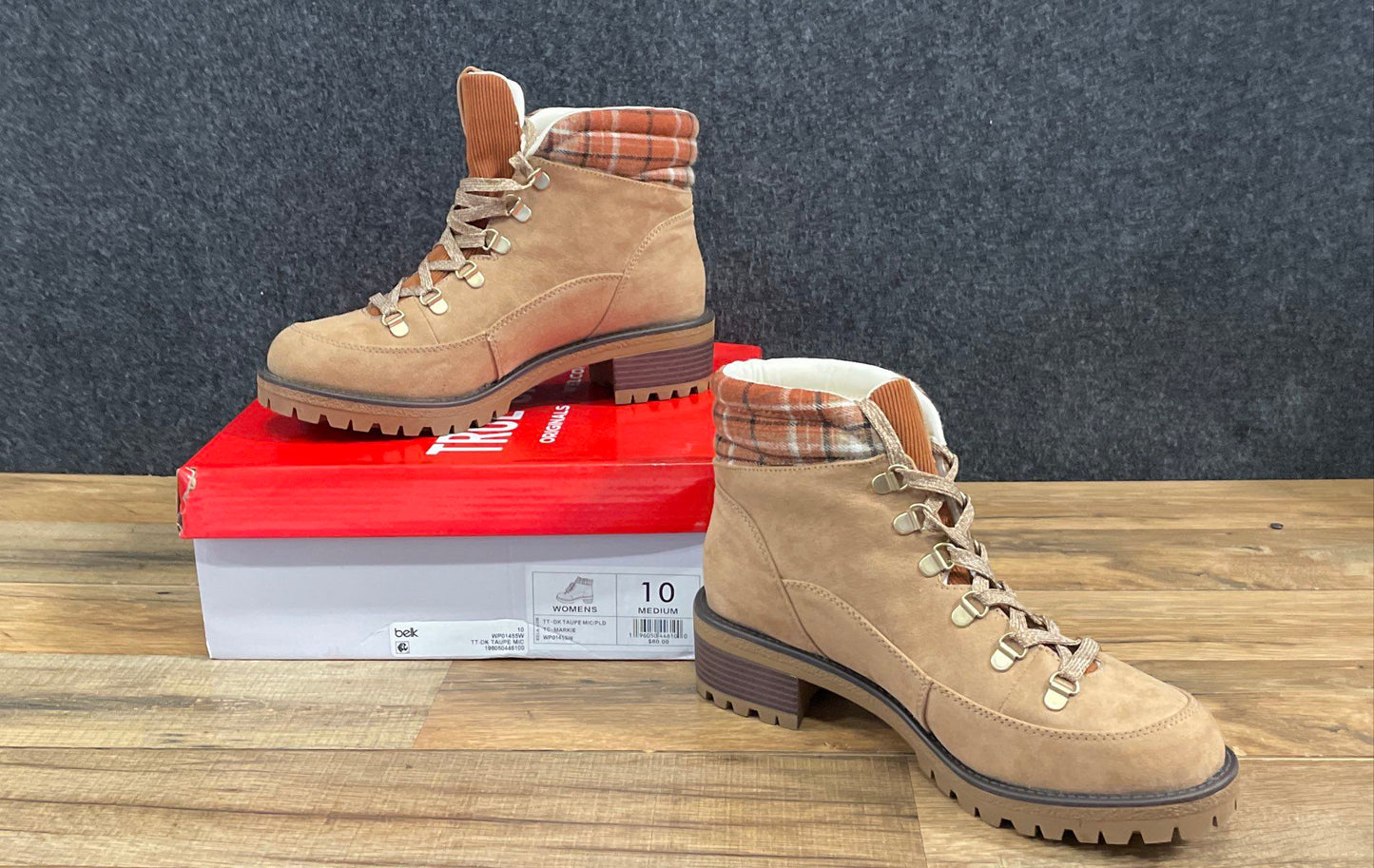 True Craft Markie Dark Taupe Brown Plaid Women's Hiking Boots Size 10 New